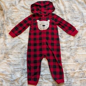 Carter's Fleece Polar Bear Plaid Red Black Hooded Zip Up Pajamas Onesie Holiday